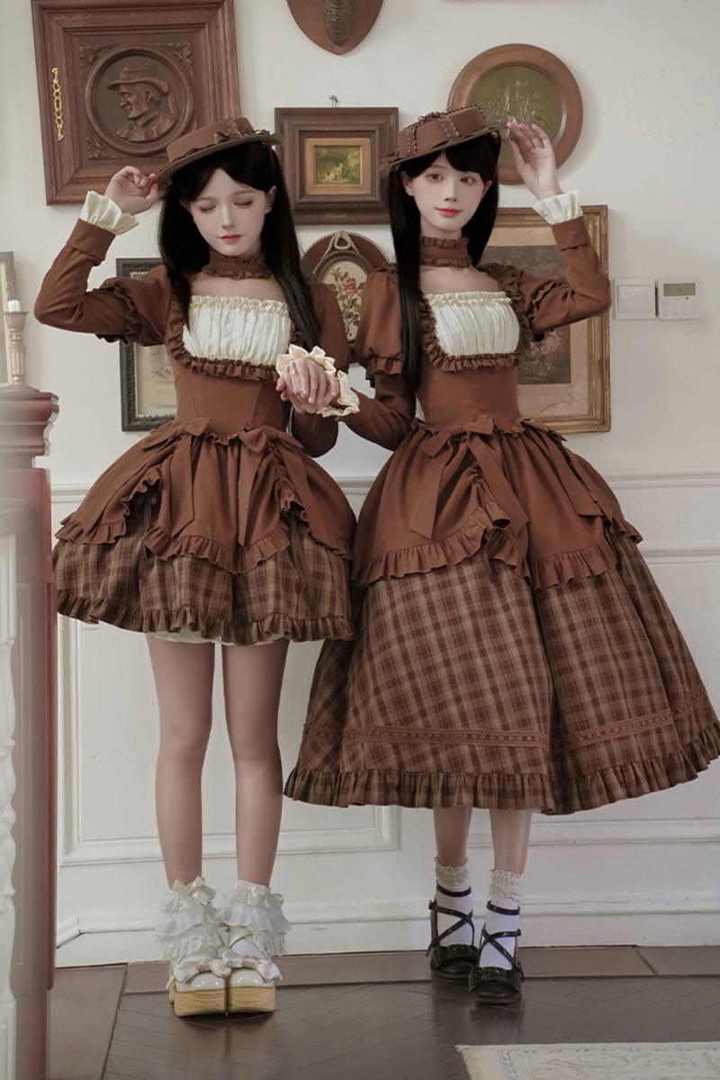 Sweet Checked Doll Dress + 2-way Ribbon + Bow + Hat