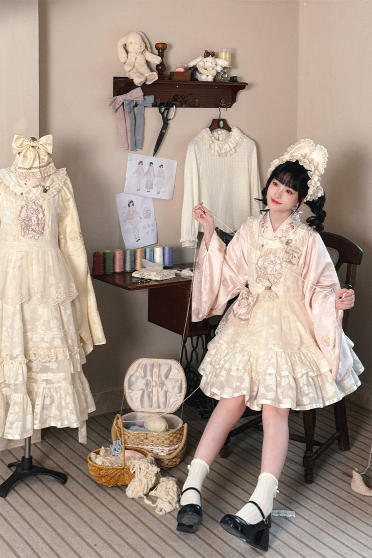 Chinese-style Pastel Top + Apron + Bow + Necklace + Brooch + Hair Accessories