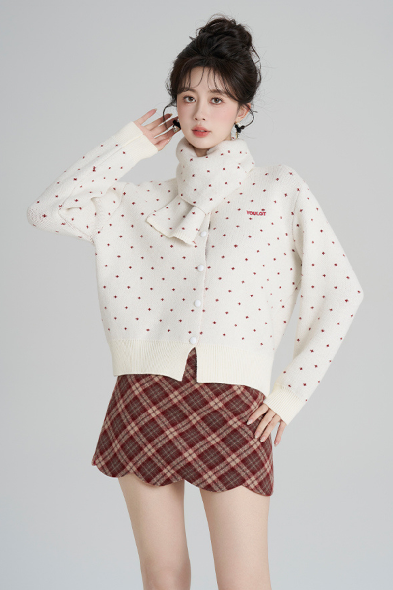 French Style Dotted Cardigan With Scarf