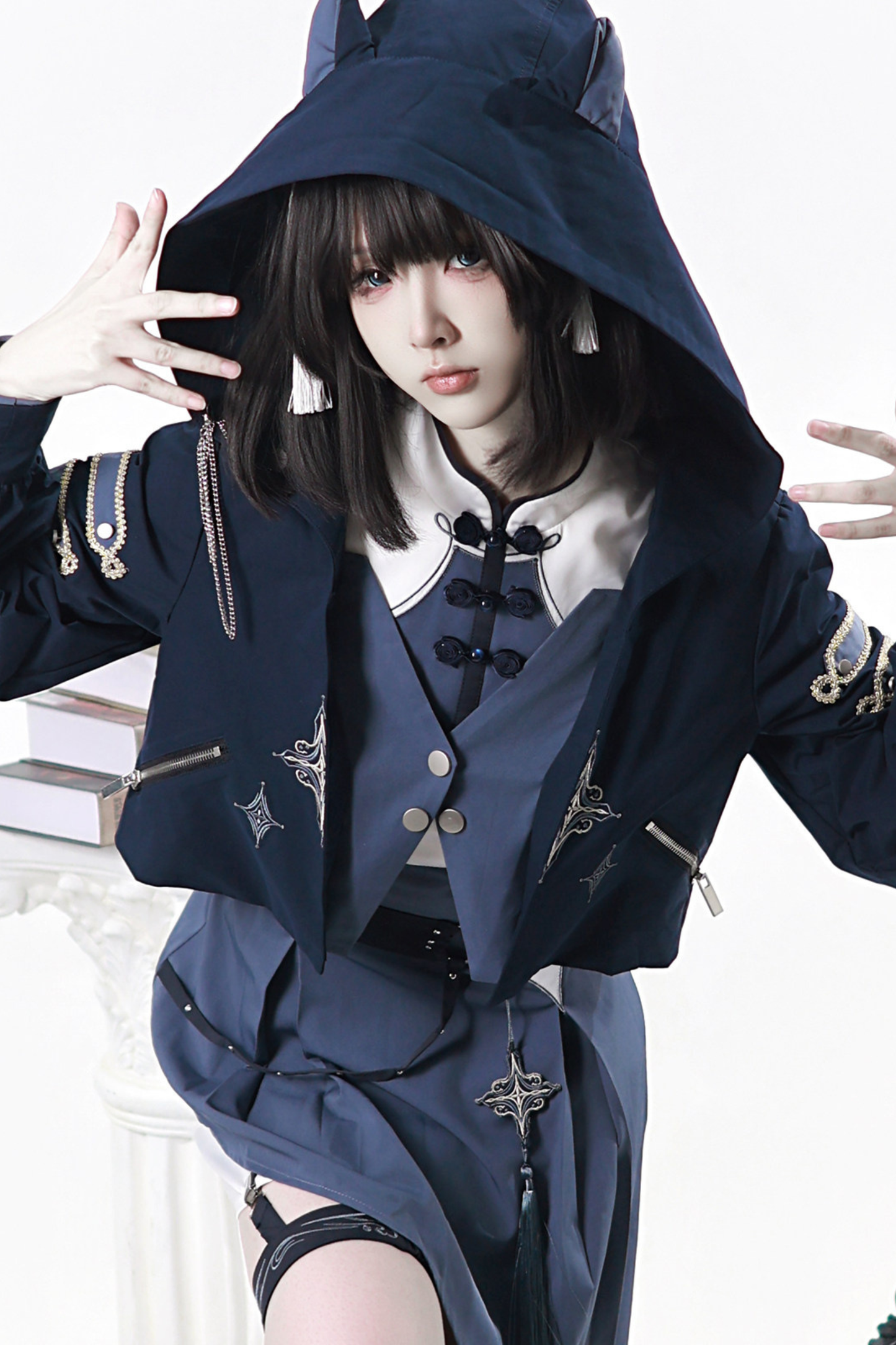 Subculture Cat Ear Hooded Jacket + Asymmetrical Dress + Leg Warmers + Ring