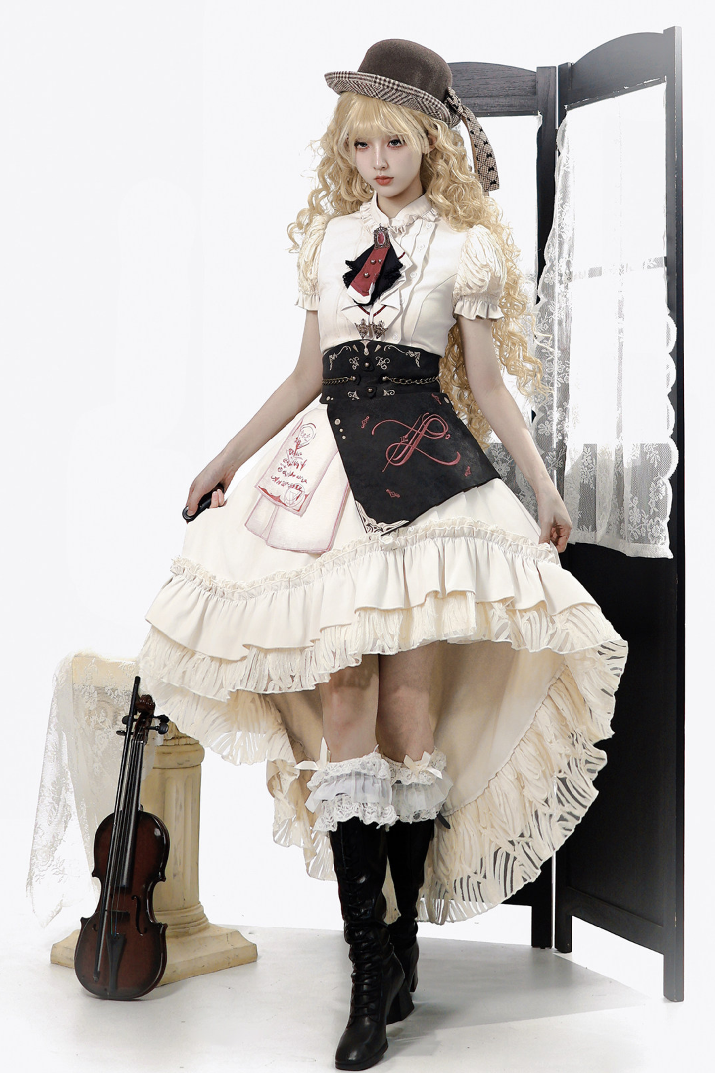 Lolita Puff Sleeve Top + Asymmetrical Skirt + Corset