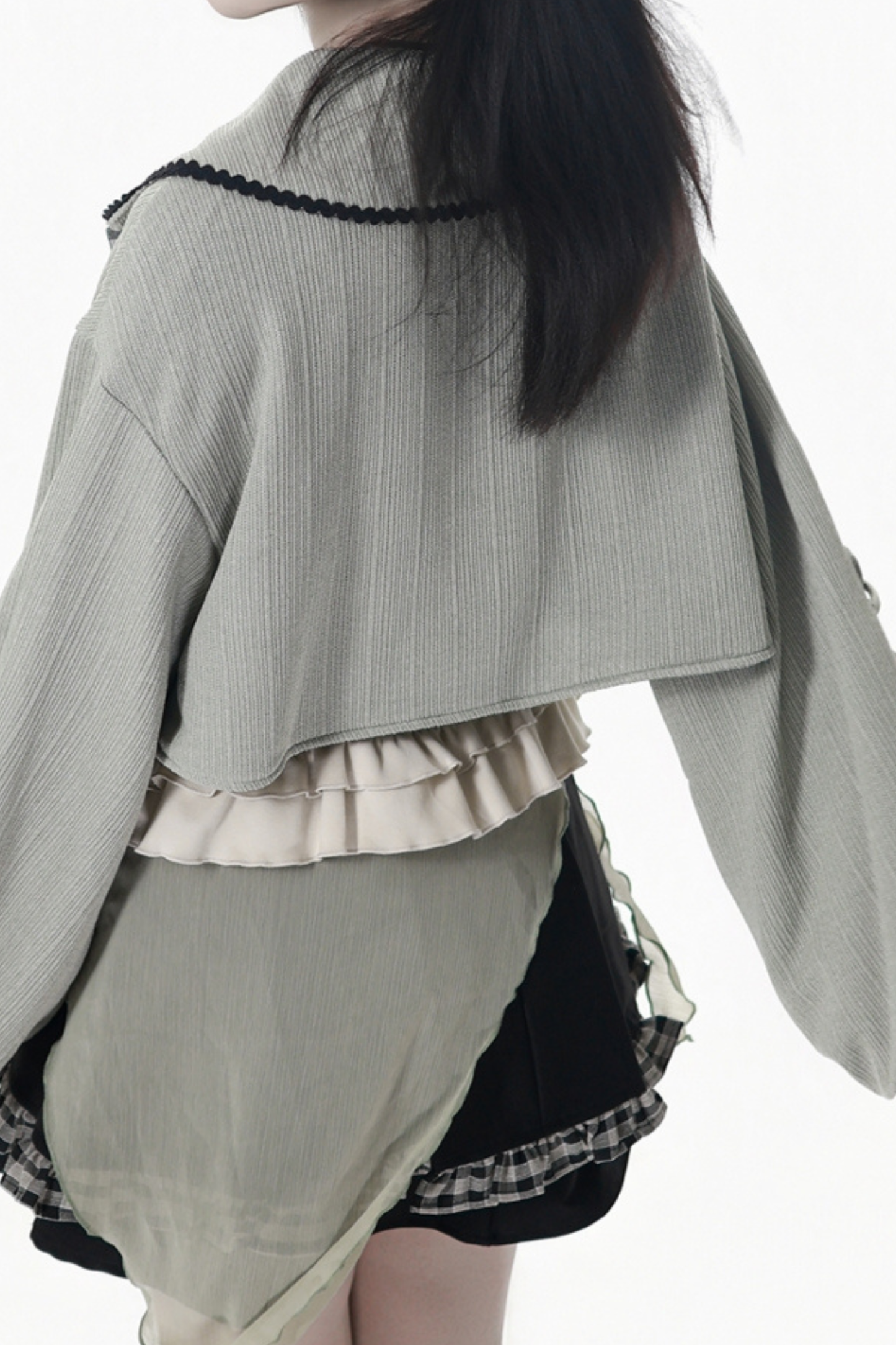 Plaid Ribbon Camisole Two Piece Jacket + Cape Coat + Skirt