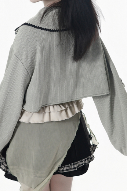 Plaid Ribbon Camisole Two Piece Jacket + Cape Coat + Skirt