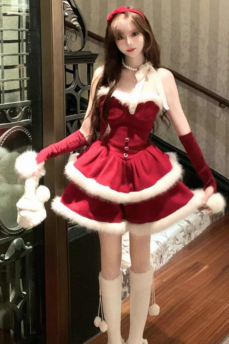 Red Velvet Cake Fur Coat + Suspender Skirt + Sleeves