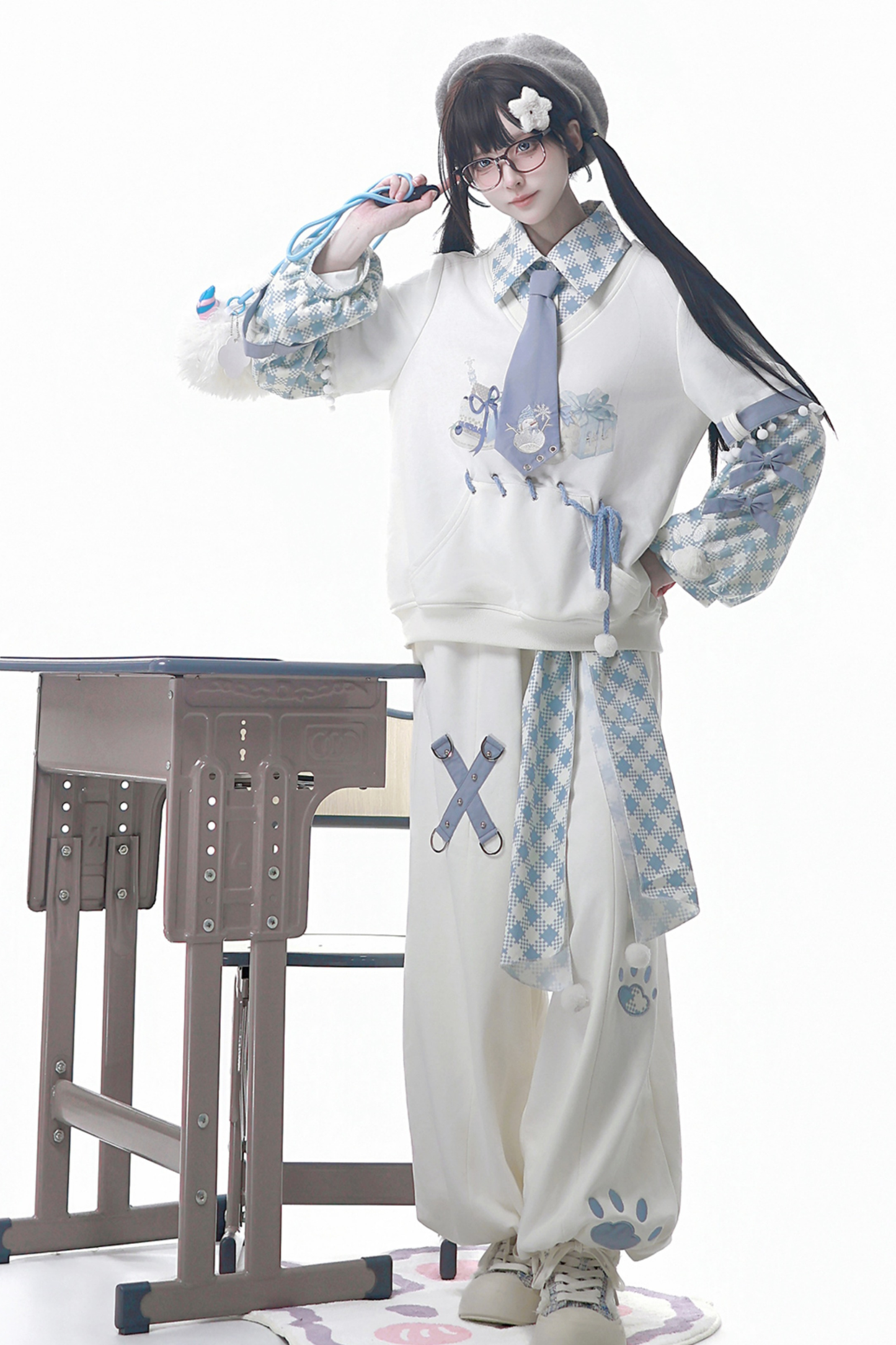 Digital Plaid Top + Wide Pants + Belt + Tie