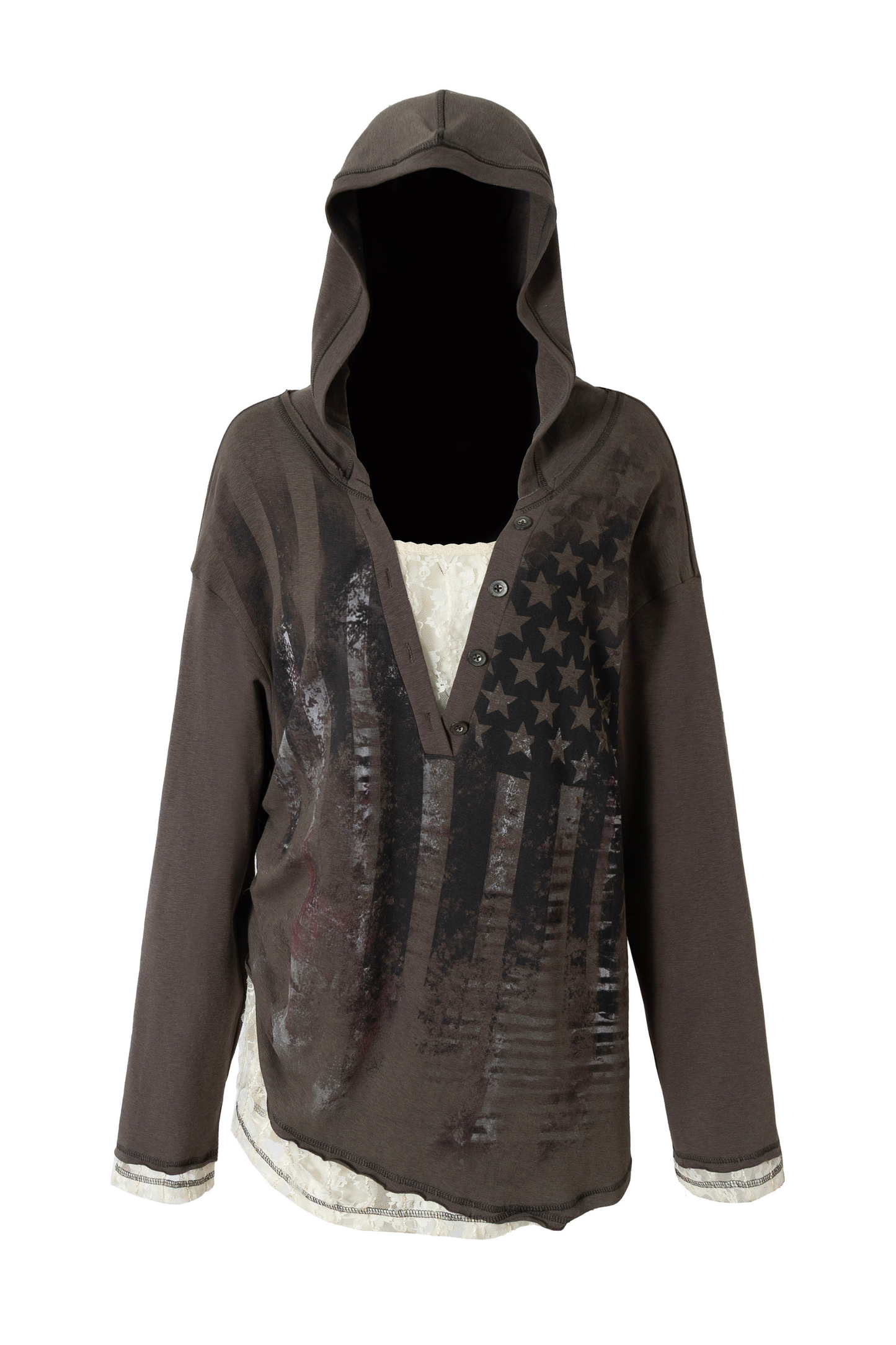 Lace Patchwork Loose Hooded Hoodie