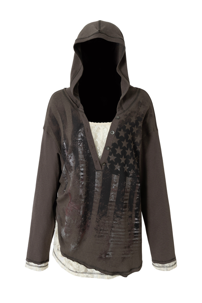 Lace Patchwork Loose Hooded Hoodie