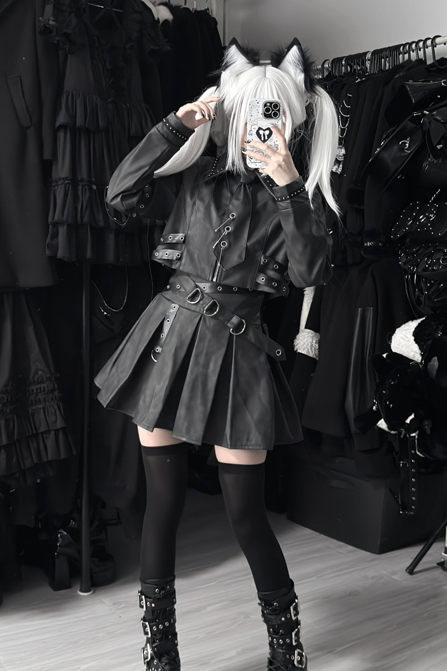 Gothic Matte Leather Dark Girl Top + Skirt