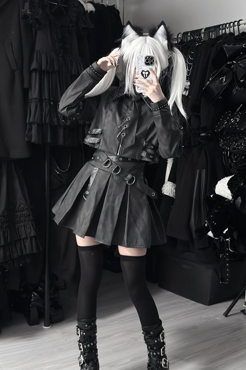 Gothic Matte Leather Dark Girl Top + Skirt