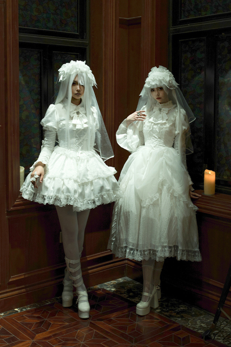 White Gothic Gemini Lolita Dress + Corset + Ribbon + Headband + Veil