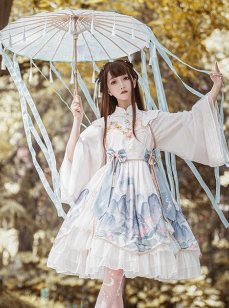 Layered Ruffle Kimono Dress With Attached Collar