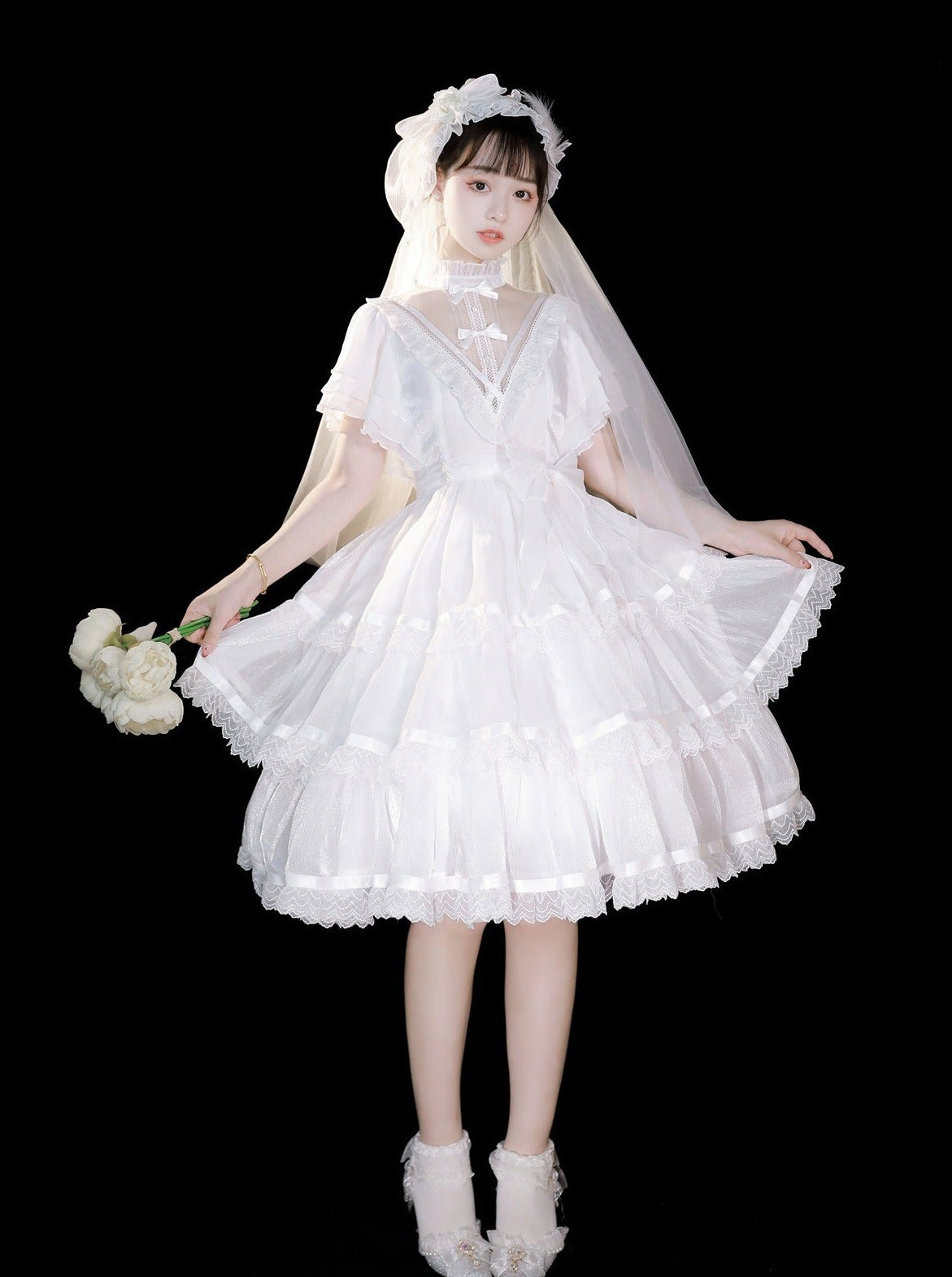 Stand Collar Ruffle Tiered Airy Dress