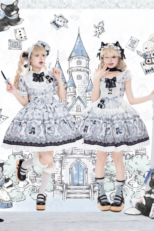 Rabbit Hole Alice Lolita Dress + Jsk + Cat Ear Headband + Headband + Hat + Clip + Bonnet