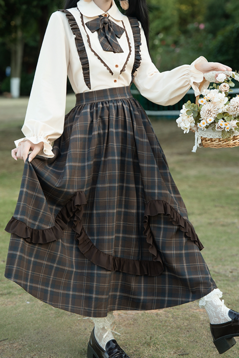 Retro Girly Plaid Skirt + Ruffle Blouse