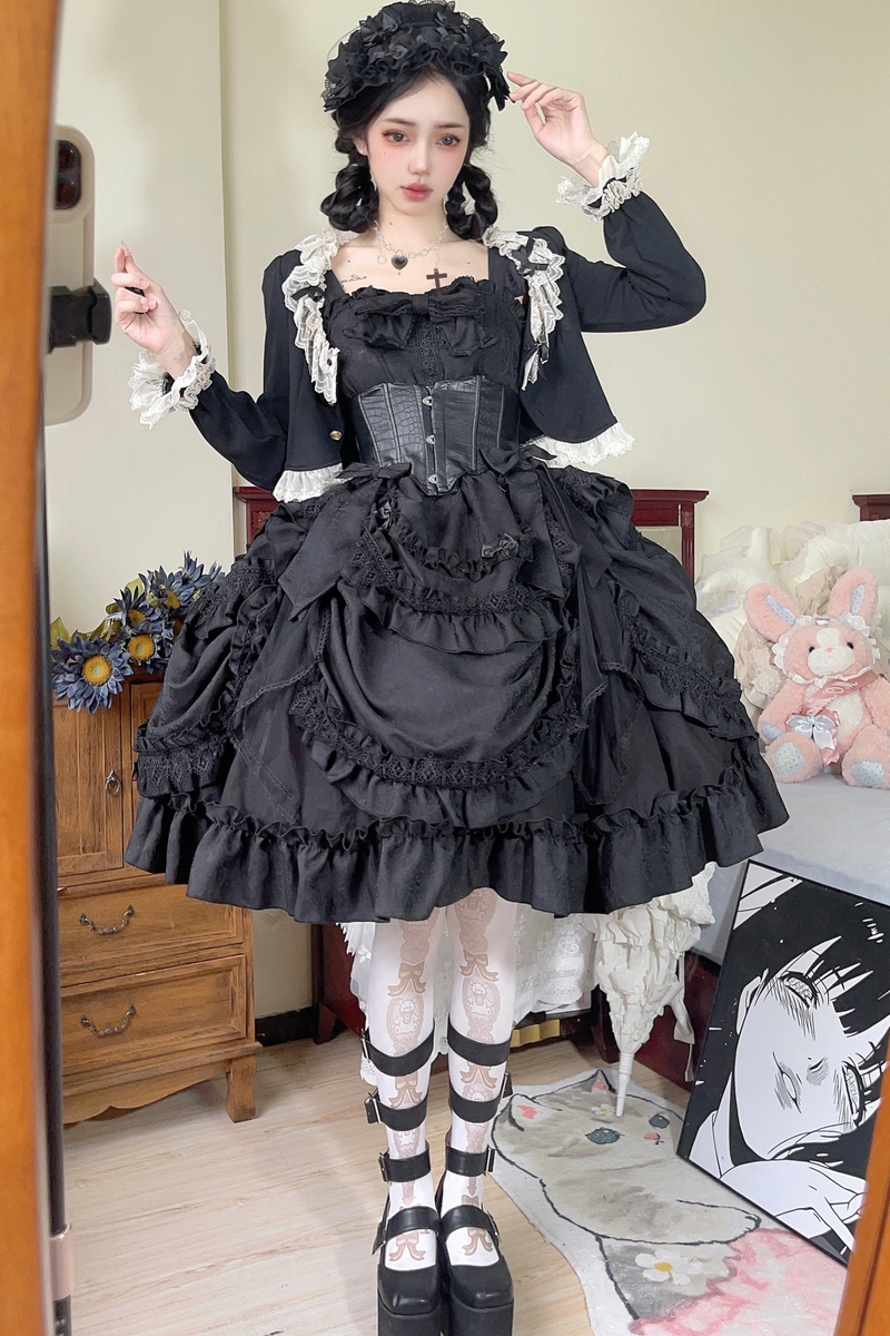 Dark Gothic Ruffle Lolita Dress + Waist Belt + Train + Hairband