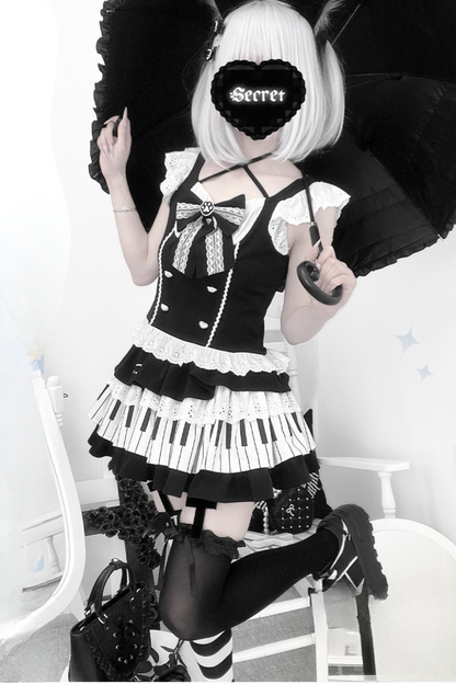 Dark Ruffle Top + Piano Skirt + Cat Sleeve