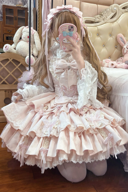 Layered Ruffle Sweet Princess Lolita Jumper Skirt + Tail + Headband + Cape + Bonnet