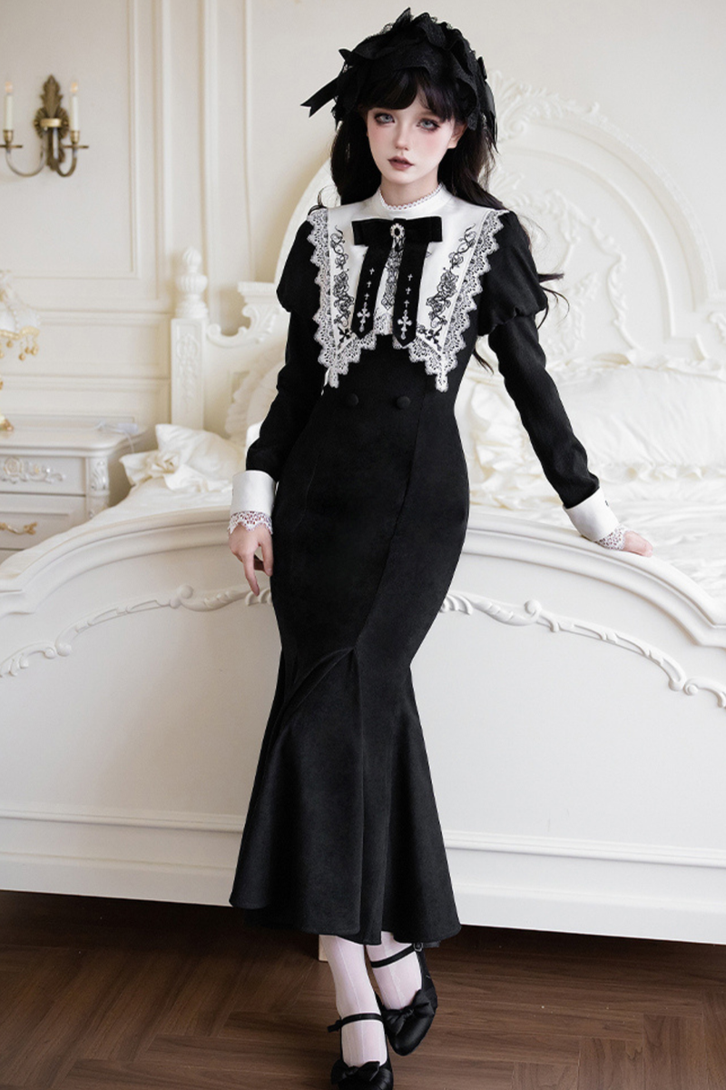 Mermaid Dress + Lace-up Short Dress + Cloak + Collar + Ribbon Brooch