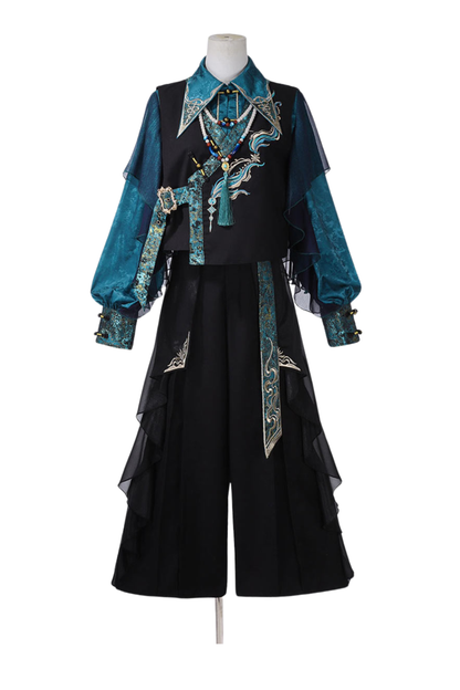 Ruan Chinese-style Top + Vest + Wide Leg Pants + Necklace