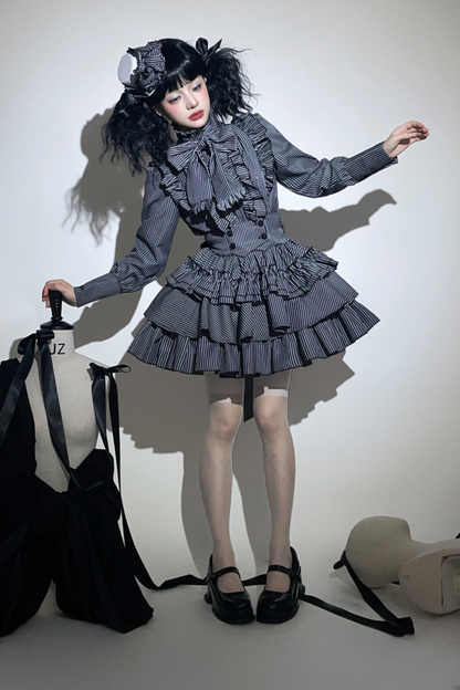 Striped Gothic Lolita Shirt + Tiered Skirt