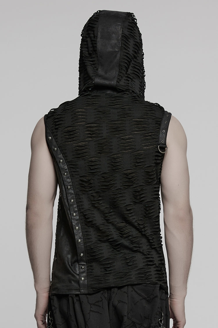 Black Sleeveless Hooded Ripped Ruched Punk Vest