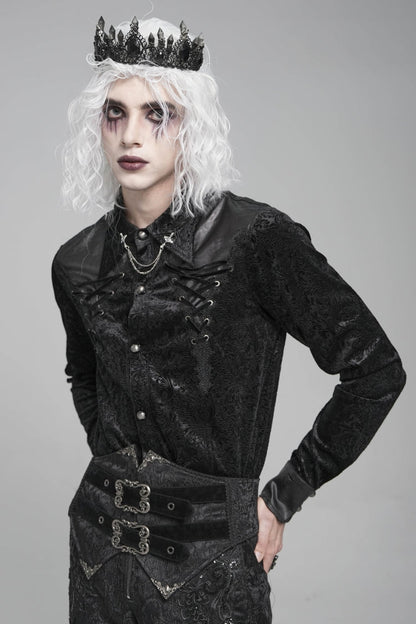 Black Lapel Collar Long Sleeves Print Embroidery Lace-up Gothic Blouse