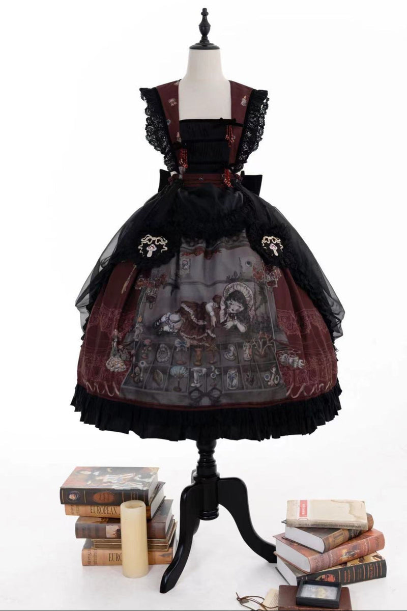 Ruffled Beaded Gothic Straps Printed Dress