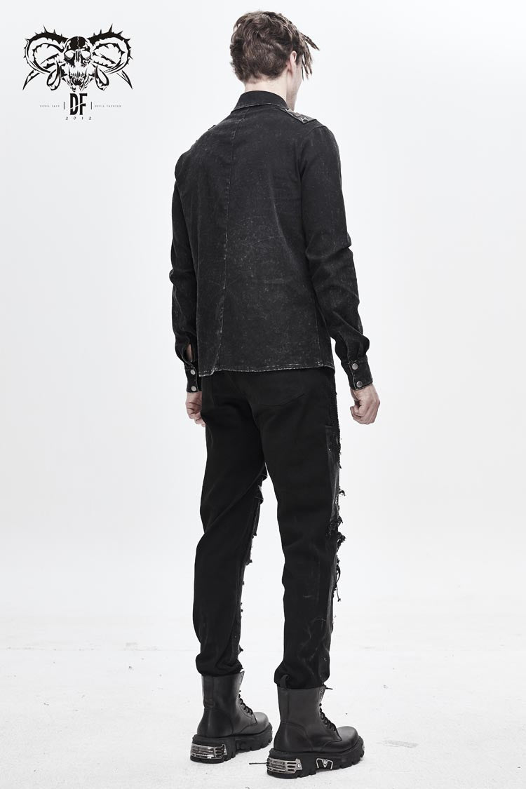 Black Asymmetric Left Shoulder Loop Mesh Rivet Snap Button Punk Shirt