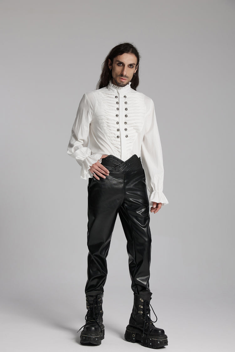 White Stand Collar Beast Buckle Long Sleeves Ruffle Gothic Blouse