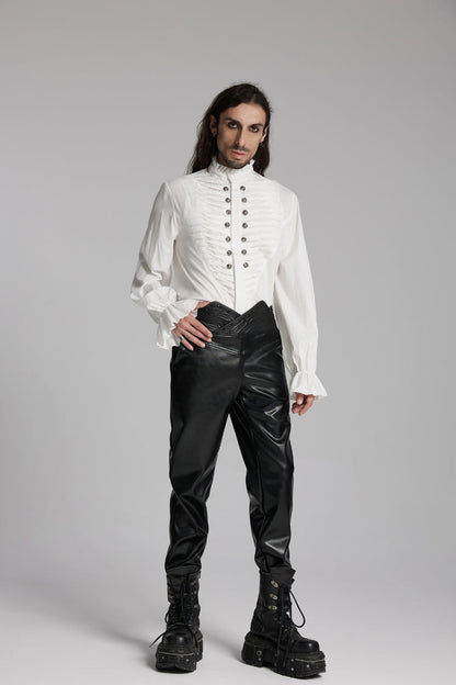 White Stand Collar Beast Buckle Long Sleeves Ruffle Gothic Blouse