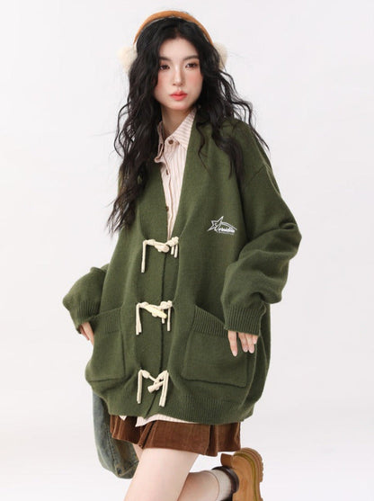 Retro Green Horn Button Cardigan Knit Jacket + Striped Shirt + Check Skirt