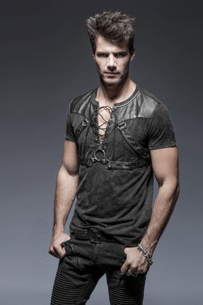 Black Lace-up Zipper Punk Blouse With Straps