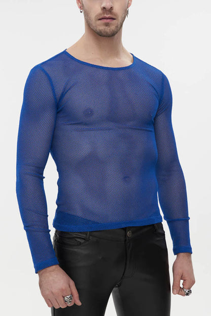 Blue Gothic Elasticity High Neck Long Sleeve Mesh Shirt