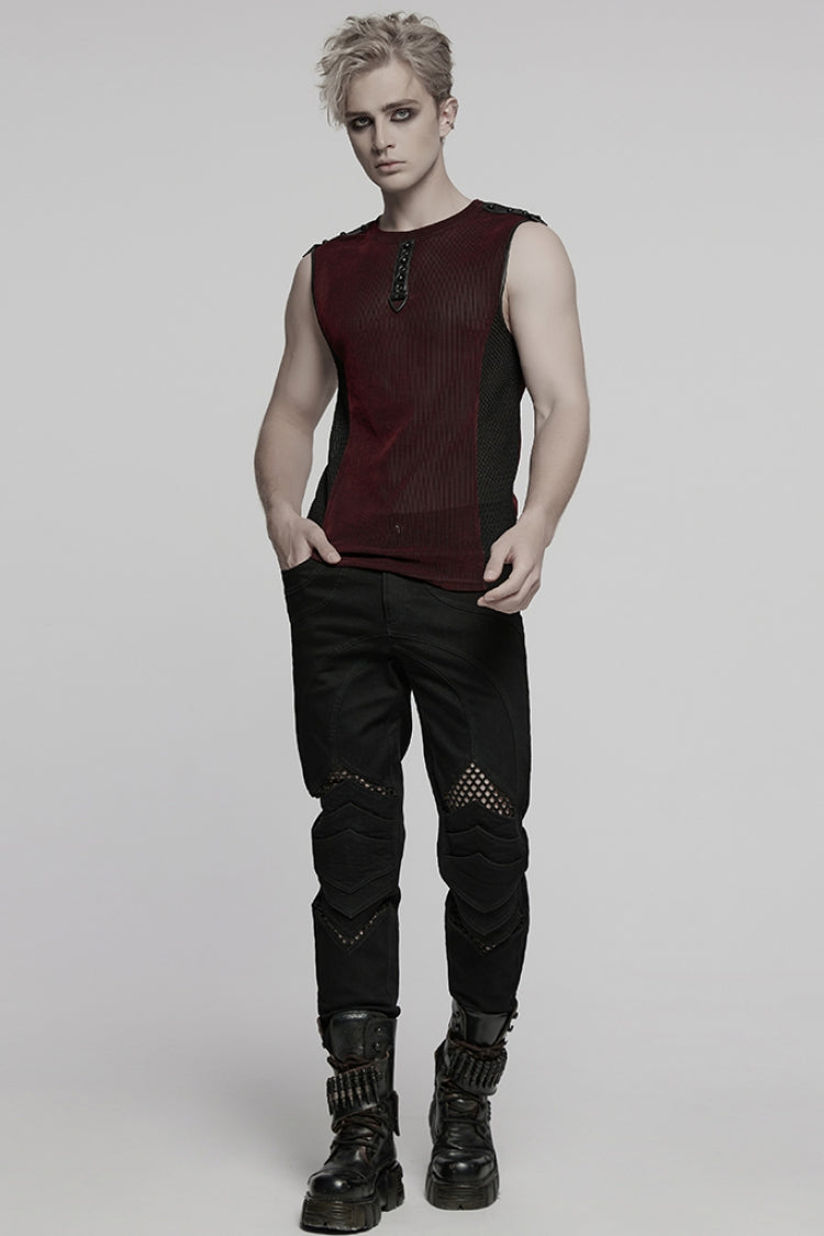 Black/red Round Collar Sheer Mesh Color Matching Rivet Punk Vest
