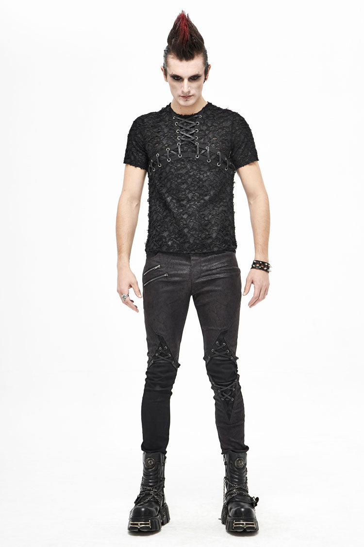 Black Broken Holes Thick Stripes Chest Lace-up Knit Short Sleeve Punk T-shirt