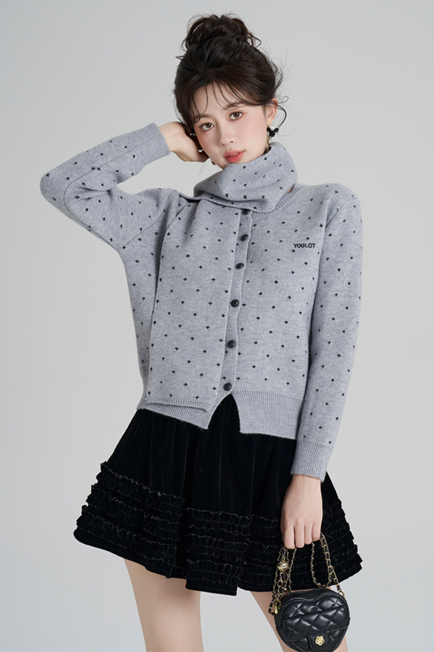 French Style Dotted Cardigan With Scarf
