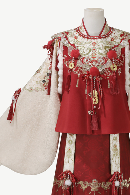 Retro Chinese-style Top + Skirt + Vest + Shoulder