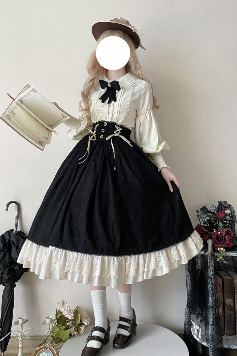 Retro Lolita Shirt + Lace-up High-waist Lolita Skirt
