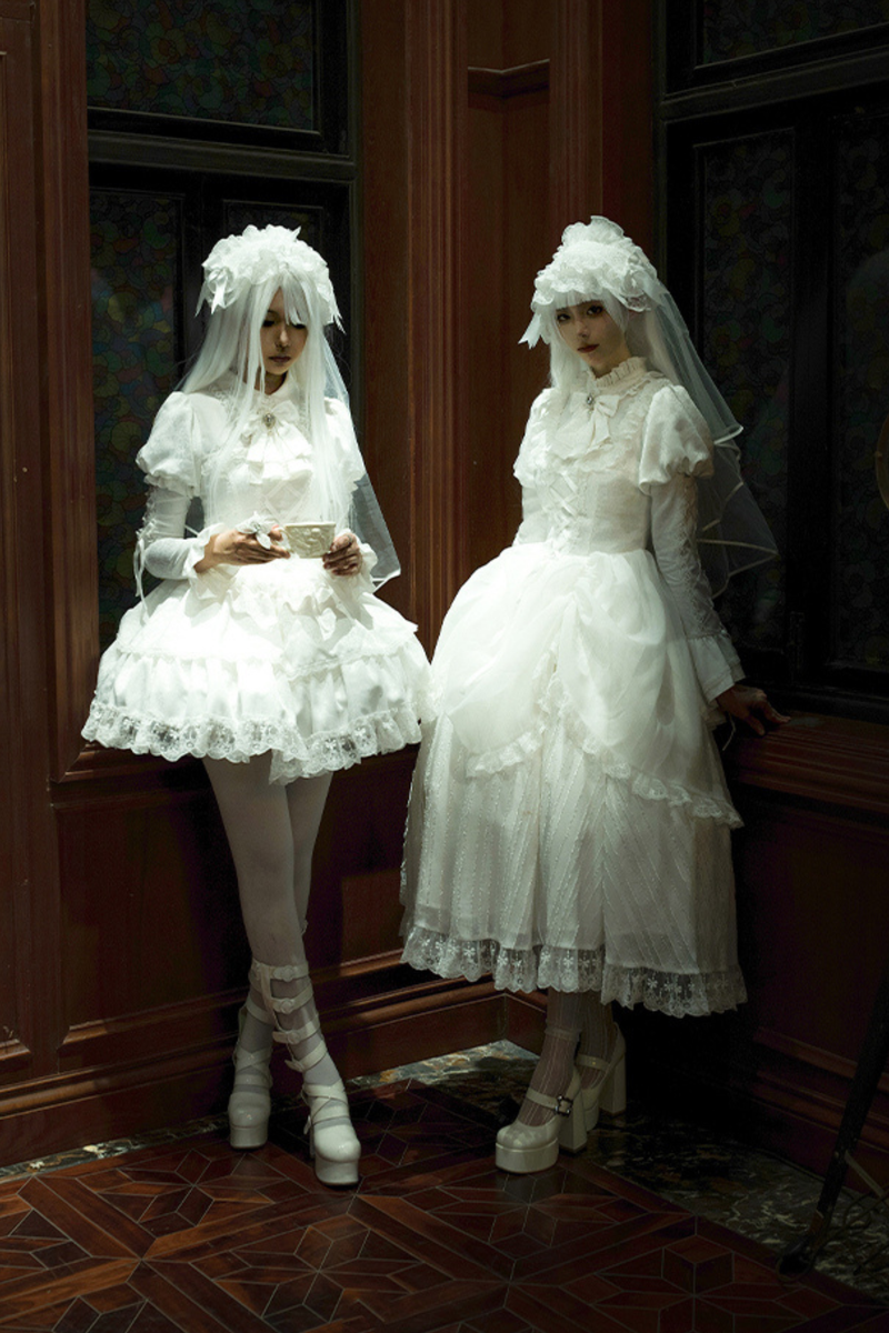 White Gothic Gemini Lolita Dress + Corset + Ribbon + Headband + Veil