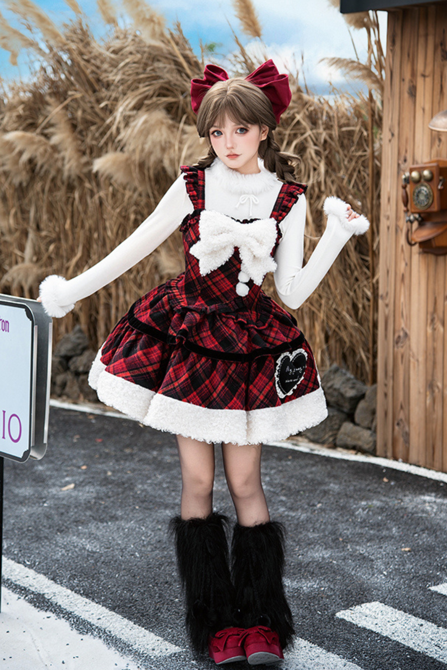 Checked Doll Jumper Skirt + Bow Brooch + Pin + Love Brooch + Shawl + Top + Leg Warmers