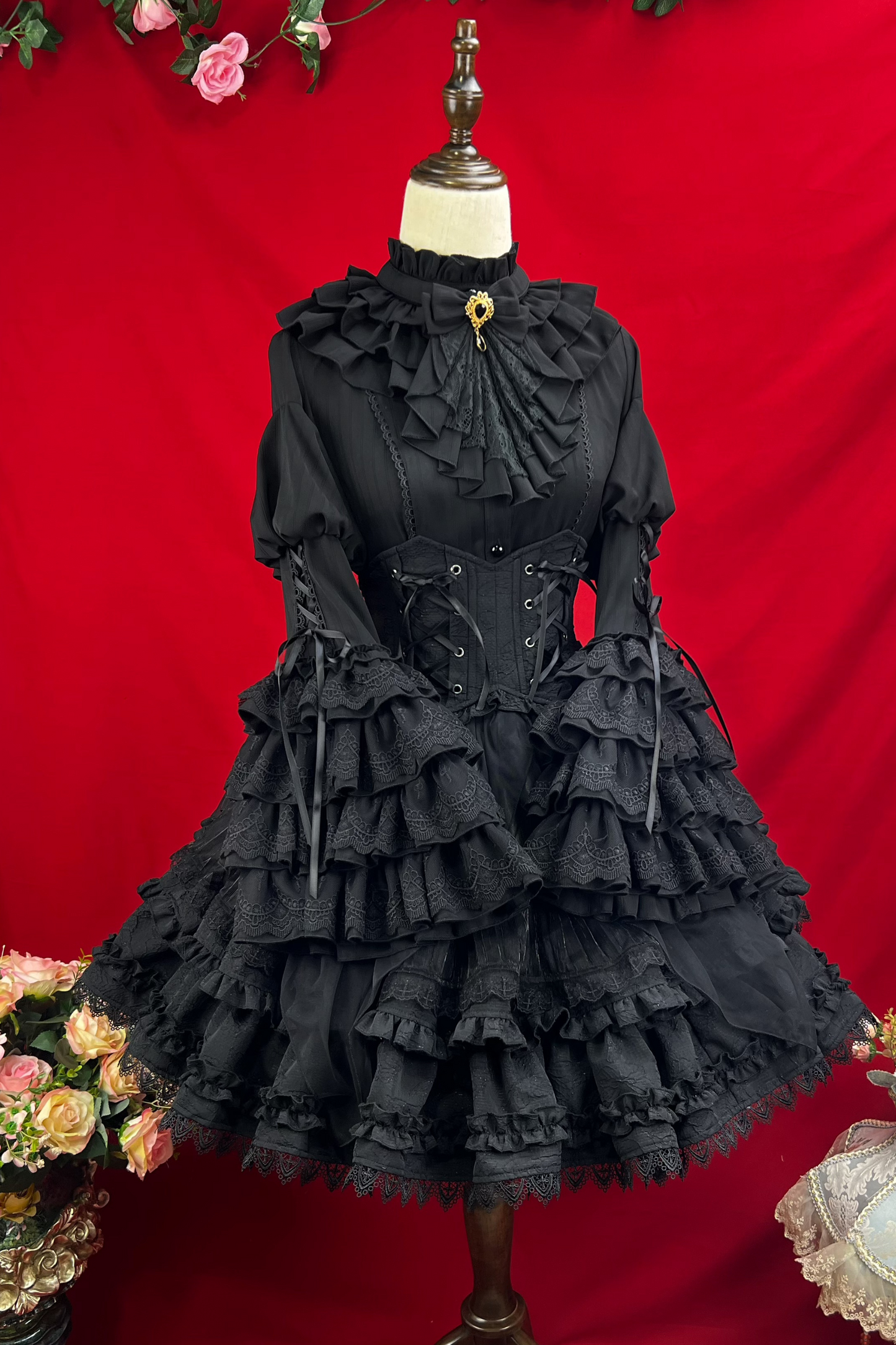 Princess Sleeve Lolita Gothic Blouse + Flare Skirt + Waist Belt