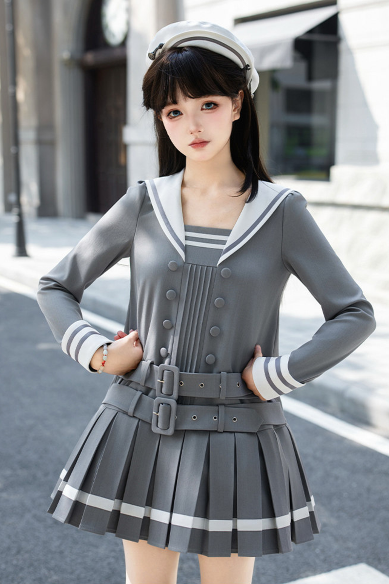 Sailor Collar Pleated College Dress + Ribbon + Hat