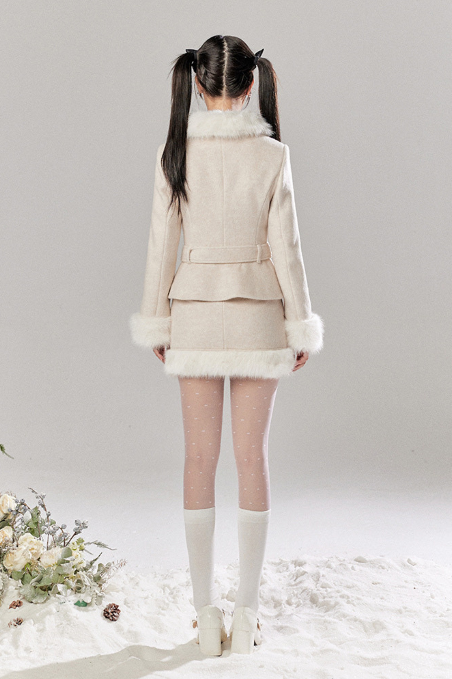 Sweet Girly Fur Waist Ribbon Coat + Fur Tight Skirt