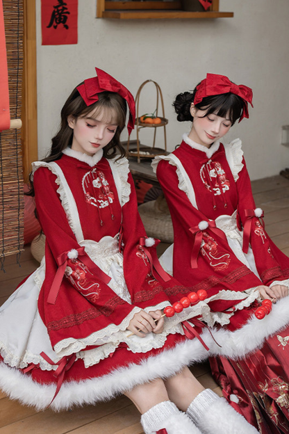 Chinese-style Big Sleeve Dress + Apron + Skirt + Leg Warmers + Hairband + Clip + Pin