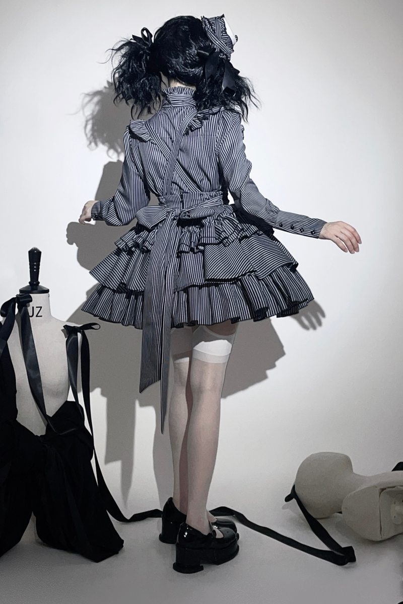 Striped Gothic Lolita Shirt + Tiered Skirt
