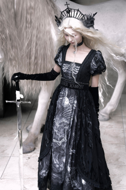 [pre-order Deadline: June 8] Phantom Knight Dark Gothic Square Neck Layered Dress (with Choker & Waist Belt)