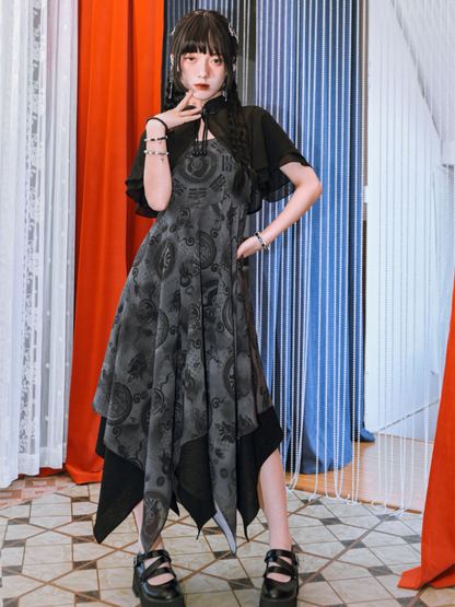 Dark Chinese-style Asymmetric Long Camisole Dress + Short Cardigan