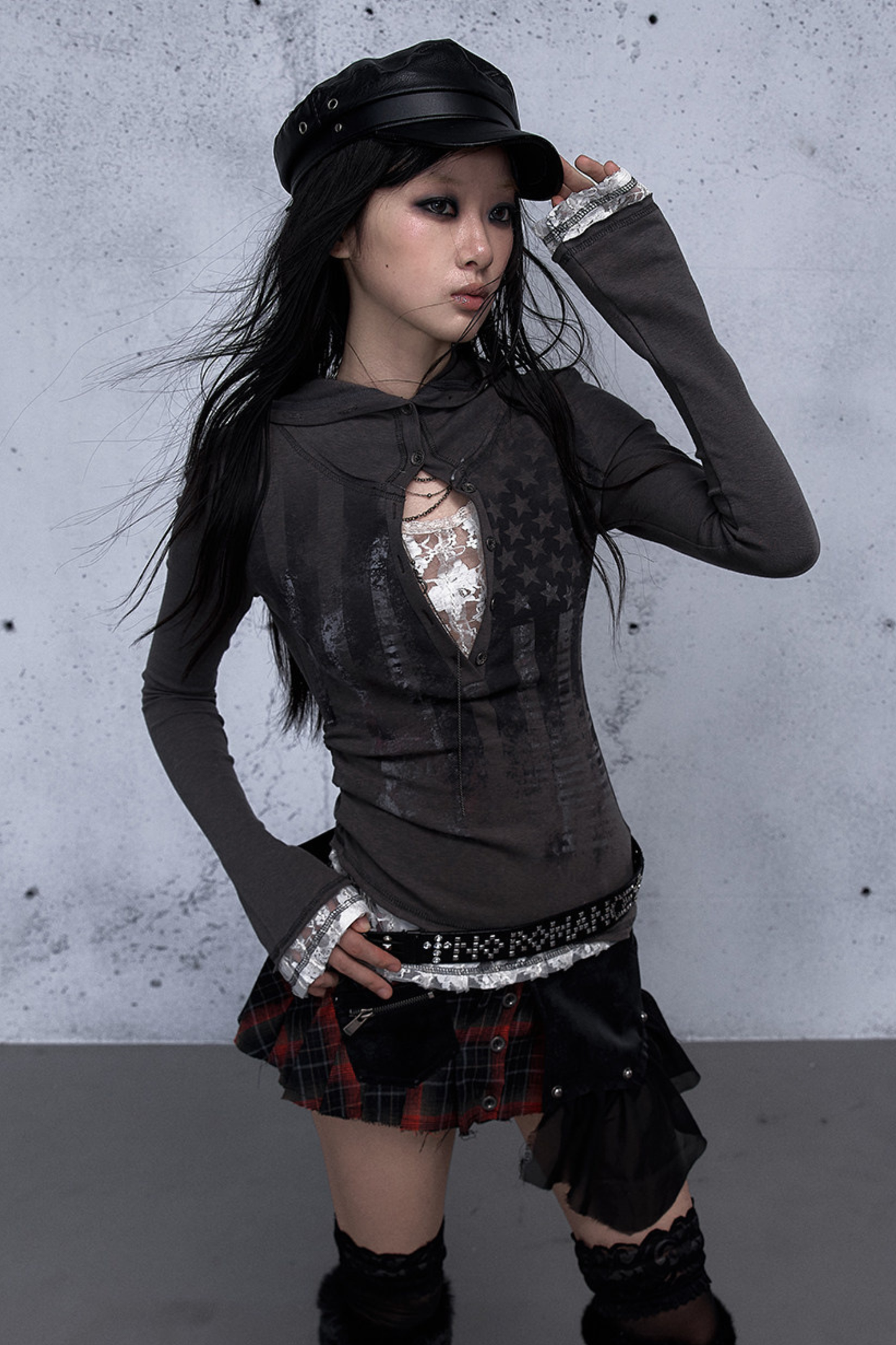 Lace Patchwork Tight Hooded Hoodie