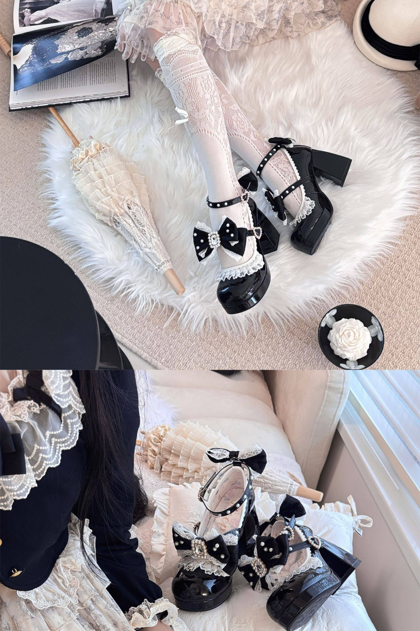 Polka Dot Lolita Ribbon High Heels