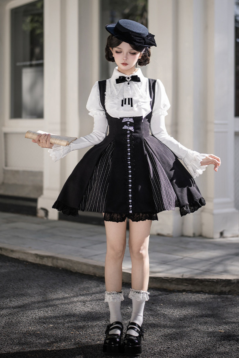 Sweet Lolita Flare Jumper Skirt + Tops + Hat + Ribbon + Collar